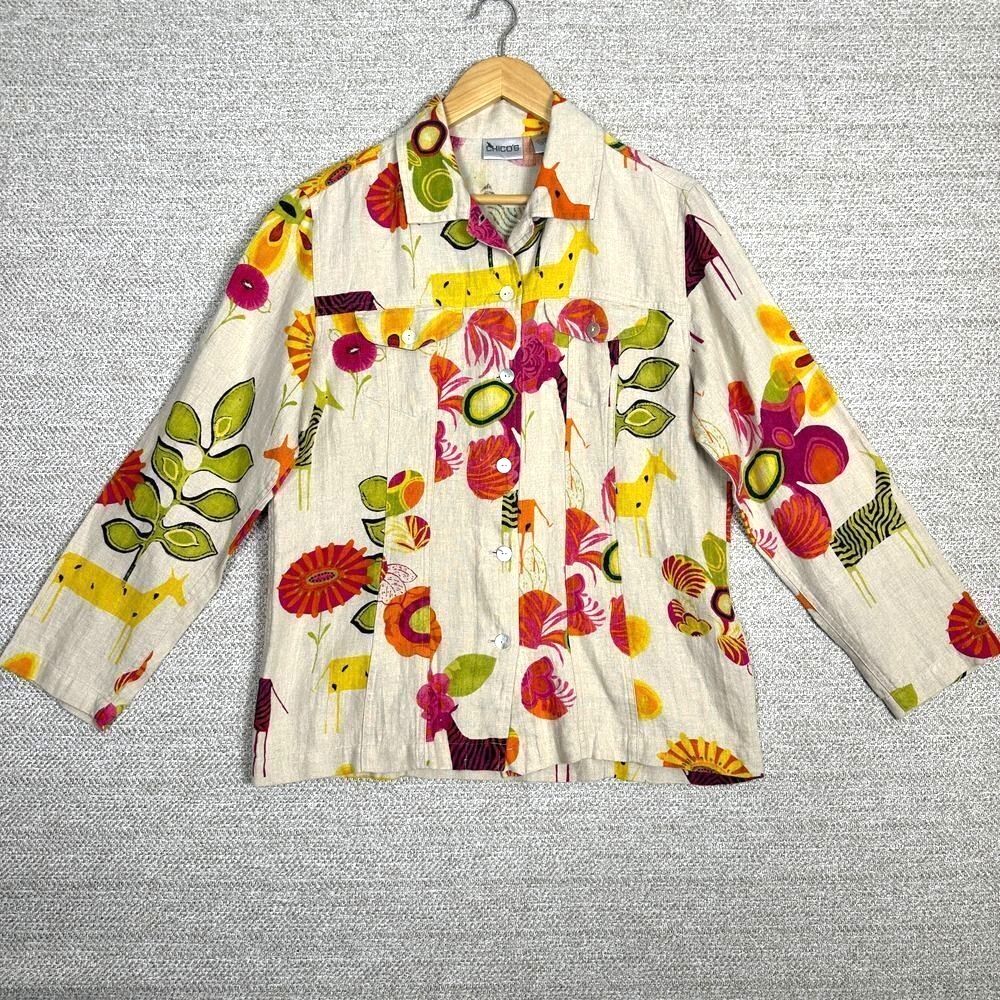 Vtg Chicos Linen Shacket Sz‎ M Floral Fairy Whimsical Animals Retro Funky Safari